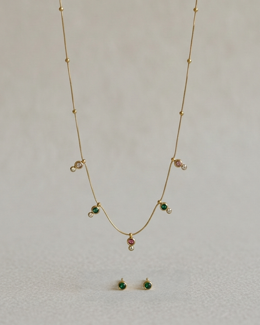 Multi Stones Classy Stainless Steel Neckchain with Earrings