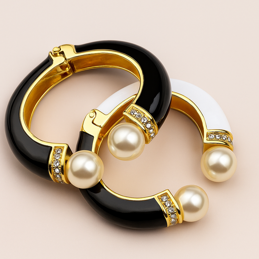 Pearl Cuff Black & White Enamel Bangle Bracelet