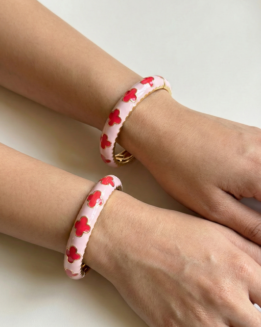 Pink Clover Enamel Bracelet Set of 2
