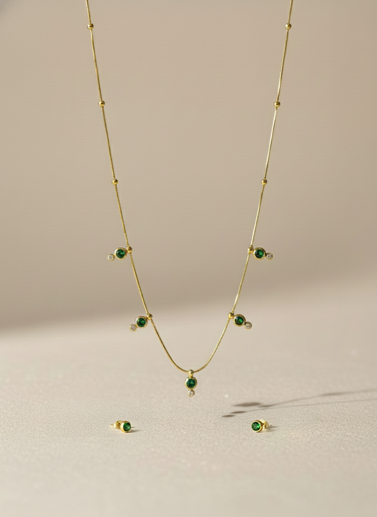 Green Stones Classy Stainless Steel Neckchain with Earrings