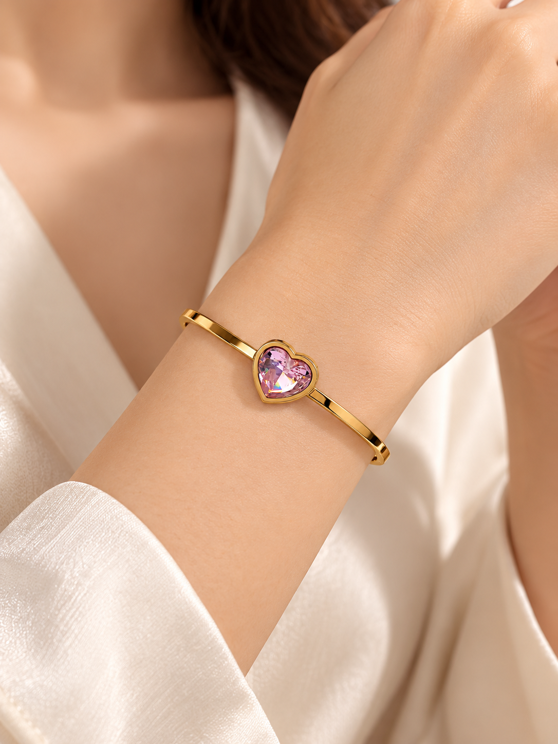 Pink Heart Aura Gold Tone Stainless Steel Bracelet