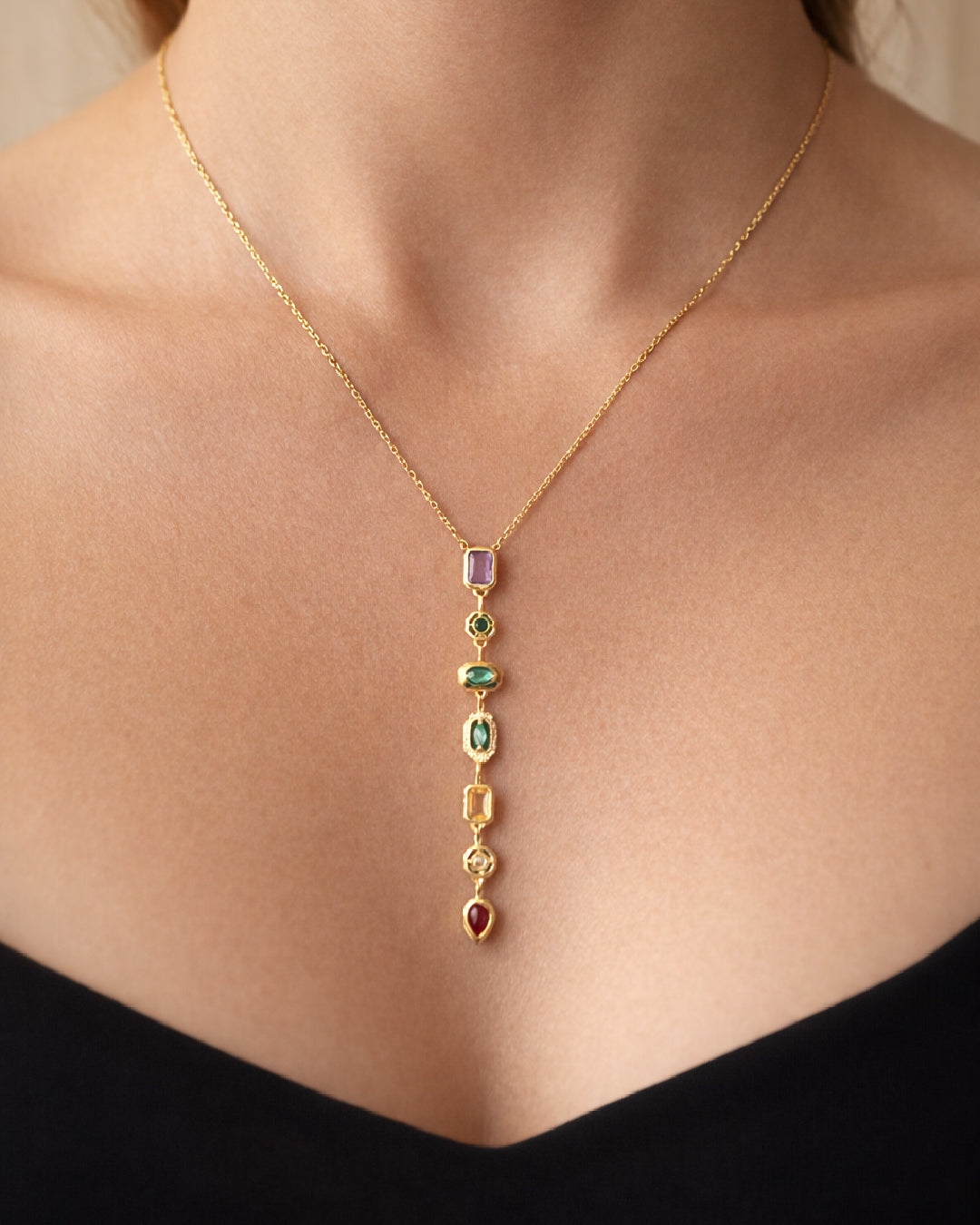 Rainbow Drop Pendant with Sleek Neckchain and Long Earrings