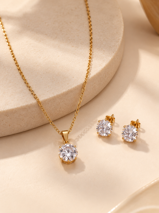 Solitaire Crystal Pendant Necklace & Earrings Set | Stainless Steel