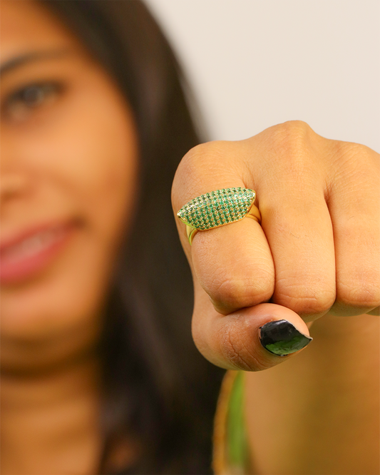 Dazzle Dome with Green Stones Stainless Steel Ring