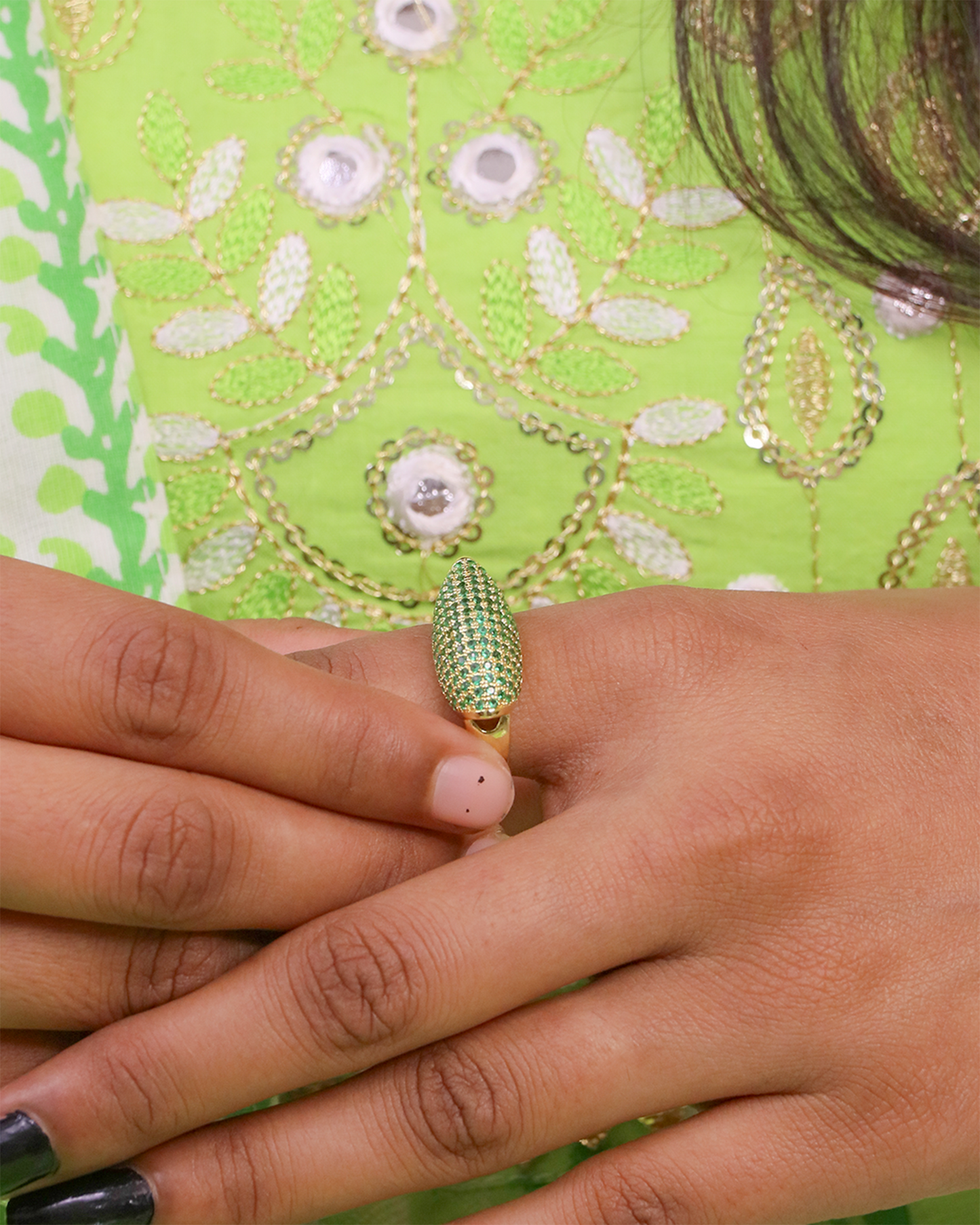 Dazzle Dome with Green Stones Stainless Steel Ring