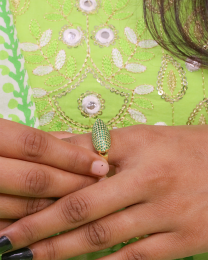 Dazzle Dome with Green Stones Stainless Steel Ring