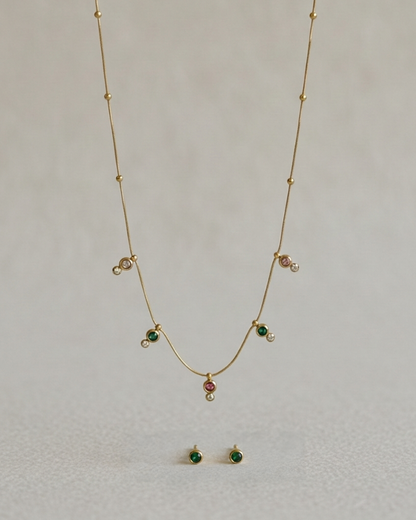 Multi Stones Classy Stainless Steel Neckchain with Earrings