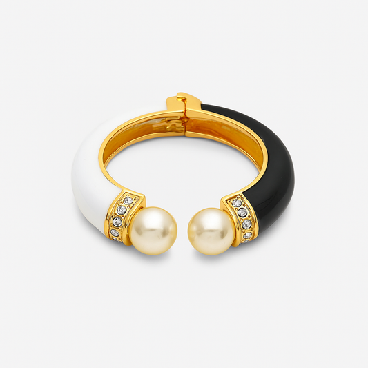 Pearl Cuff Black & White Enamel Bangle Bracelet