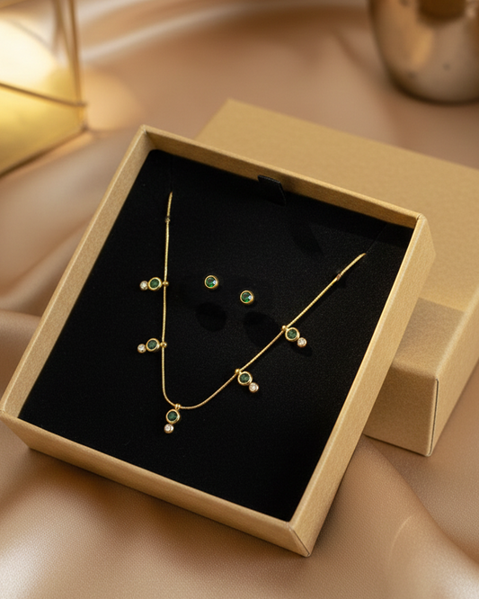 Green Stones Classy Stainless Steel Neckchain with Earrings