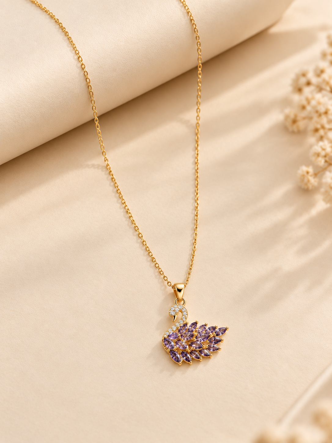 Purple Swan Pendant Necklace for Women | Gold-Tone Stainless Steel