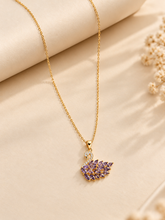 Purple Swan Pendant Necklace for Women | Gold-Tone Stainless Steel