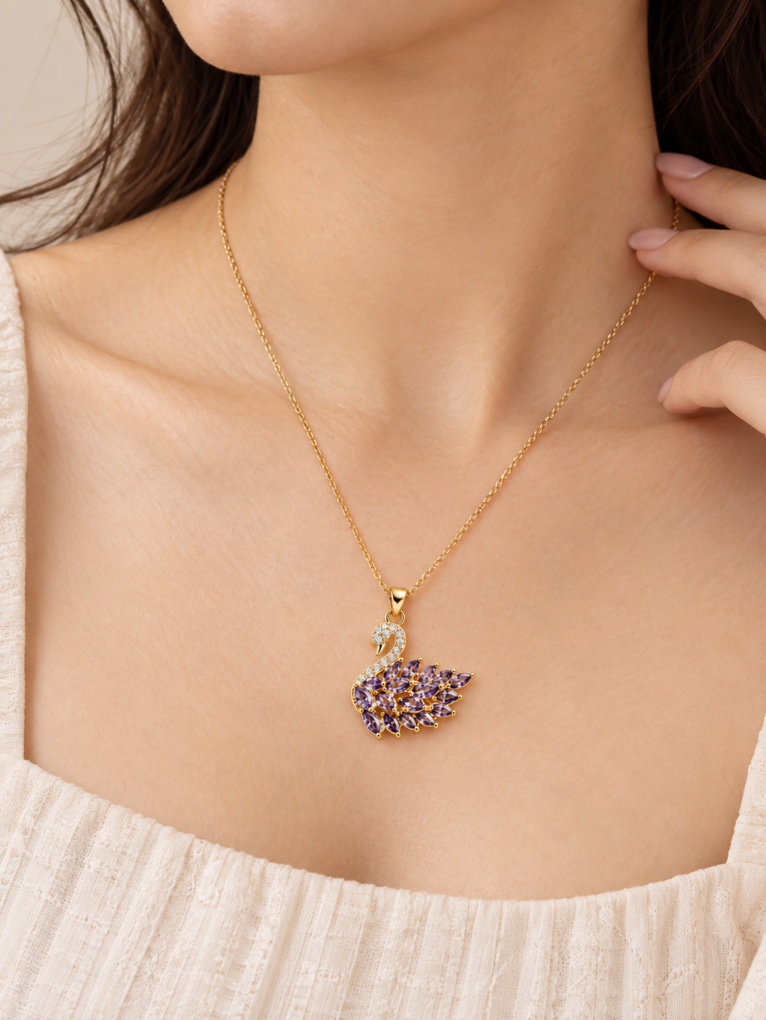 Purple Swan Pendant Necklace for Women | Gold-Tone Stainless Steel