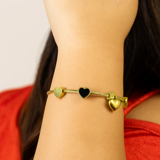 Golden & Black Heart Bangle Bracelet