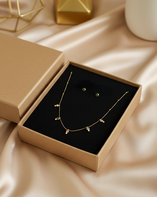 Multi Stones Classy Stainless Steel Neckchain with Earrings