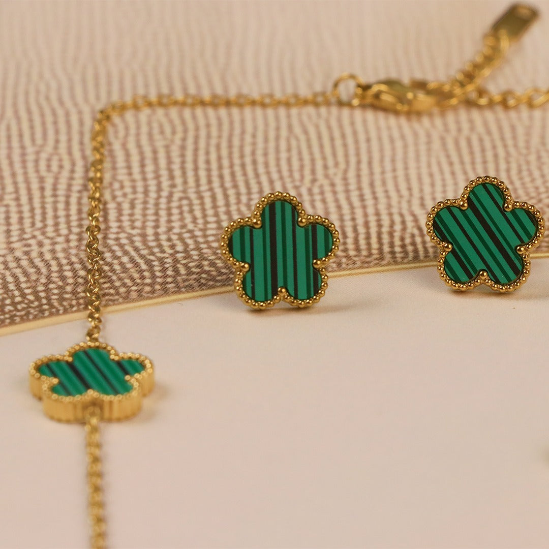Moondust Green Clover Style Earrning And Chain Set