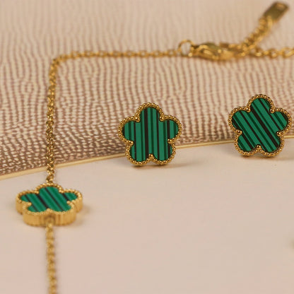 Moondust Green Clover Style Earrning And Chain Set