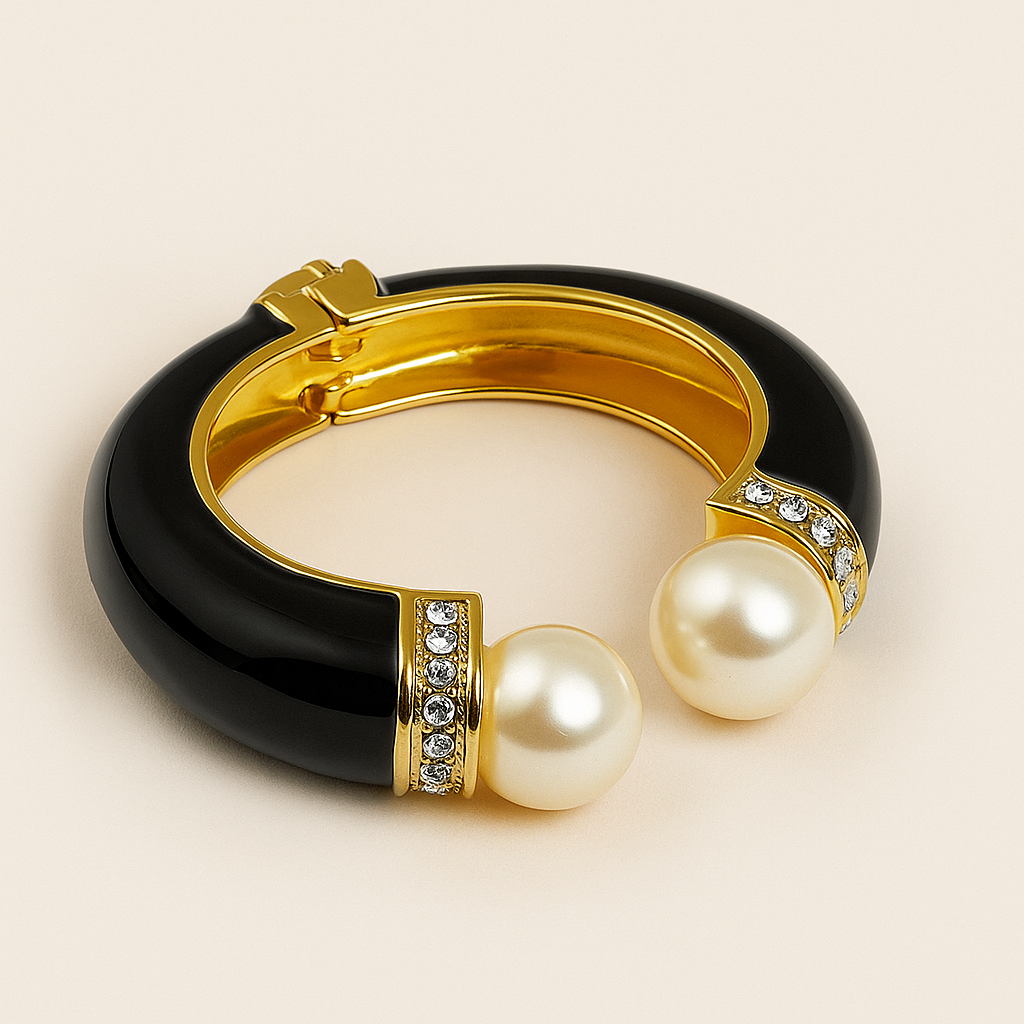 Pearl Cuff Black Enamel Bangle Bracelet