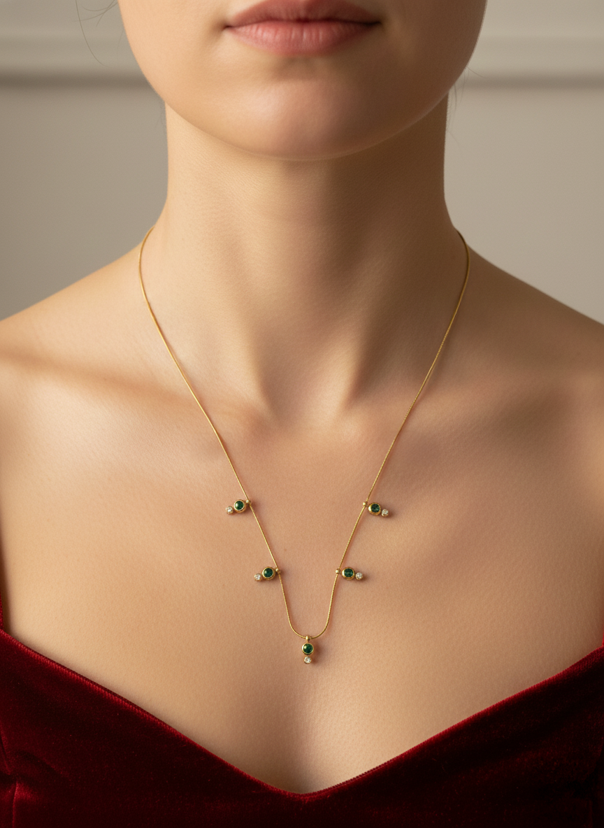 Green Stones Classy Stainless Steel Neckchain with Earrings