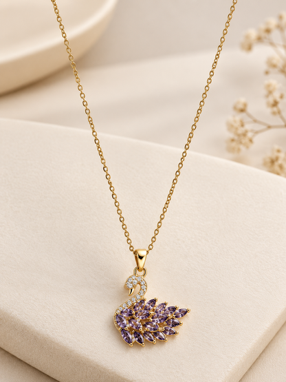 Purple Swan Pendant Necklace for Women | Gold-Tone Stainless Steel