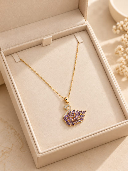 Purple Swan Pendant Necklace for Women | Gold-Tone Stainless Steel