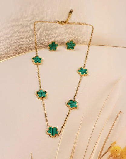 Moondust Green Clover Style Earrning And Chain Set