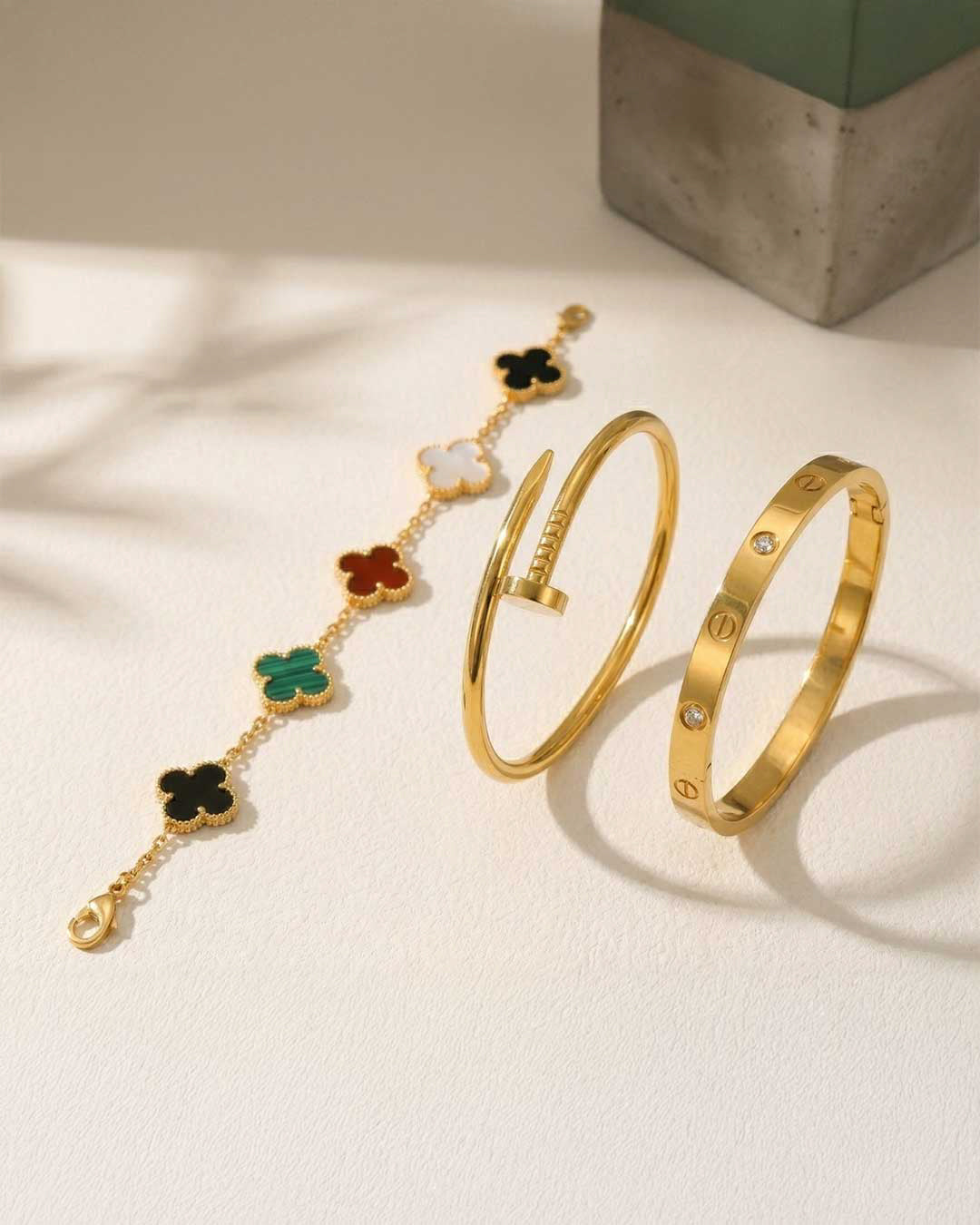 The Iconic Stack with Multi Color Clover Bracelet set of 3