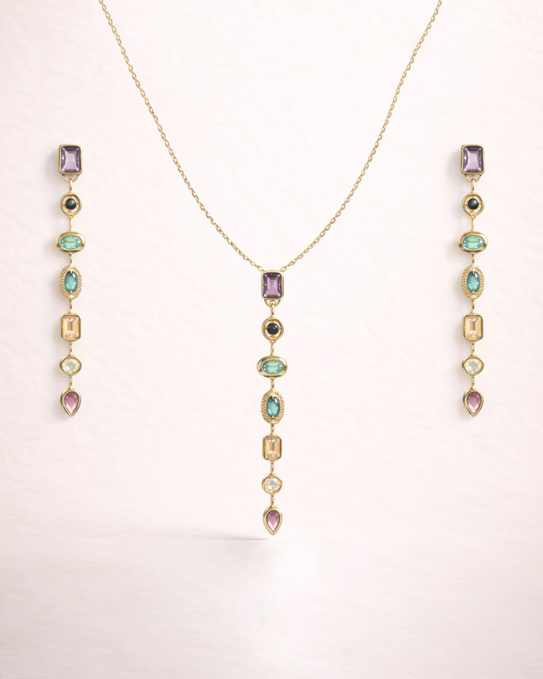 Rainbow Drop Pendant with Sleek Neckchain and Long Earrings
