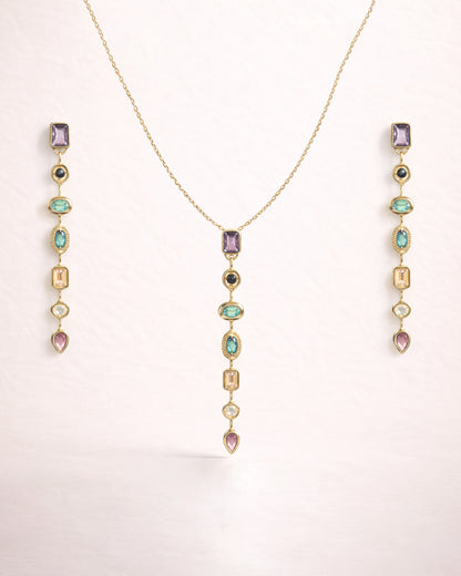 Rainbow Drop Pendant with Sleek Neckchain and Long Earrings