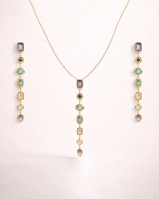 Rainbow Drop Pendant with Sleek Neckchain and Long Earrings