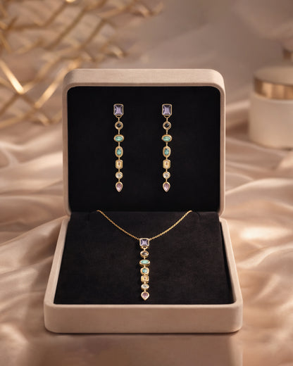 Rainbow Drop Pendant with Sleek Neckchain and Long Earrings