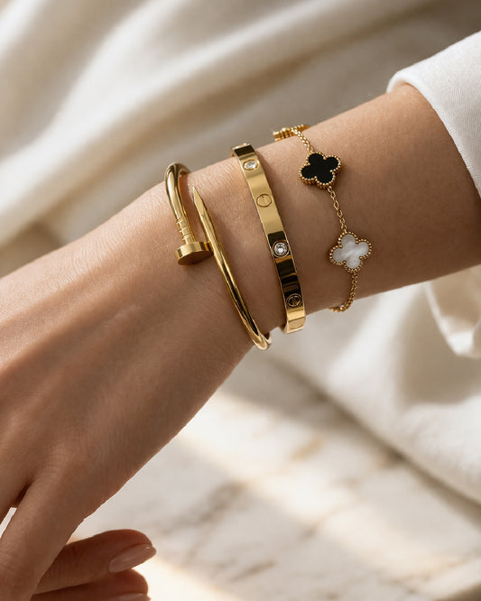 The Iconic Stack with Black and White Clover Bracelet