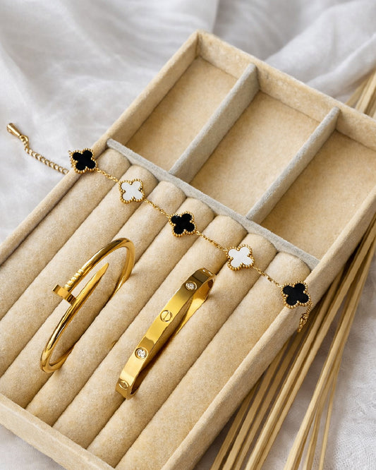 The Iconic Stack with Black and White Clover Bracelet
