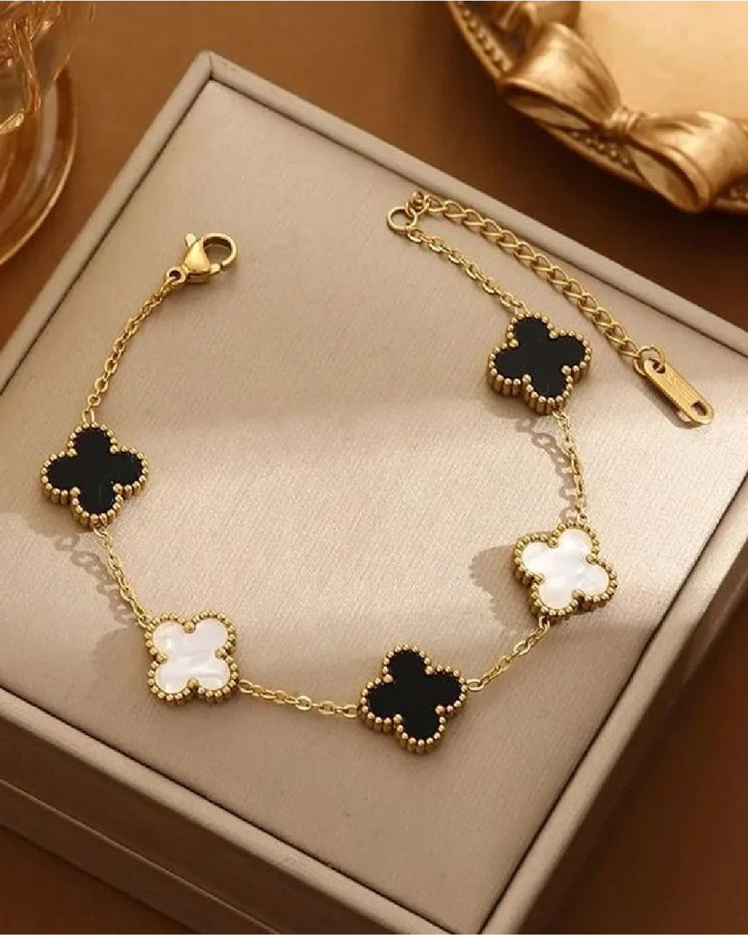 The Iconic Stack with Black and White Clover Bracelet