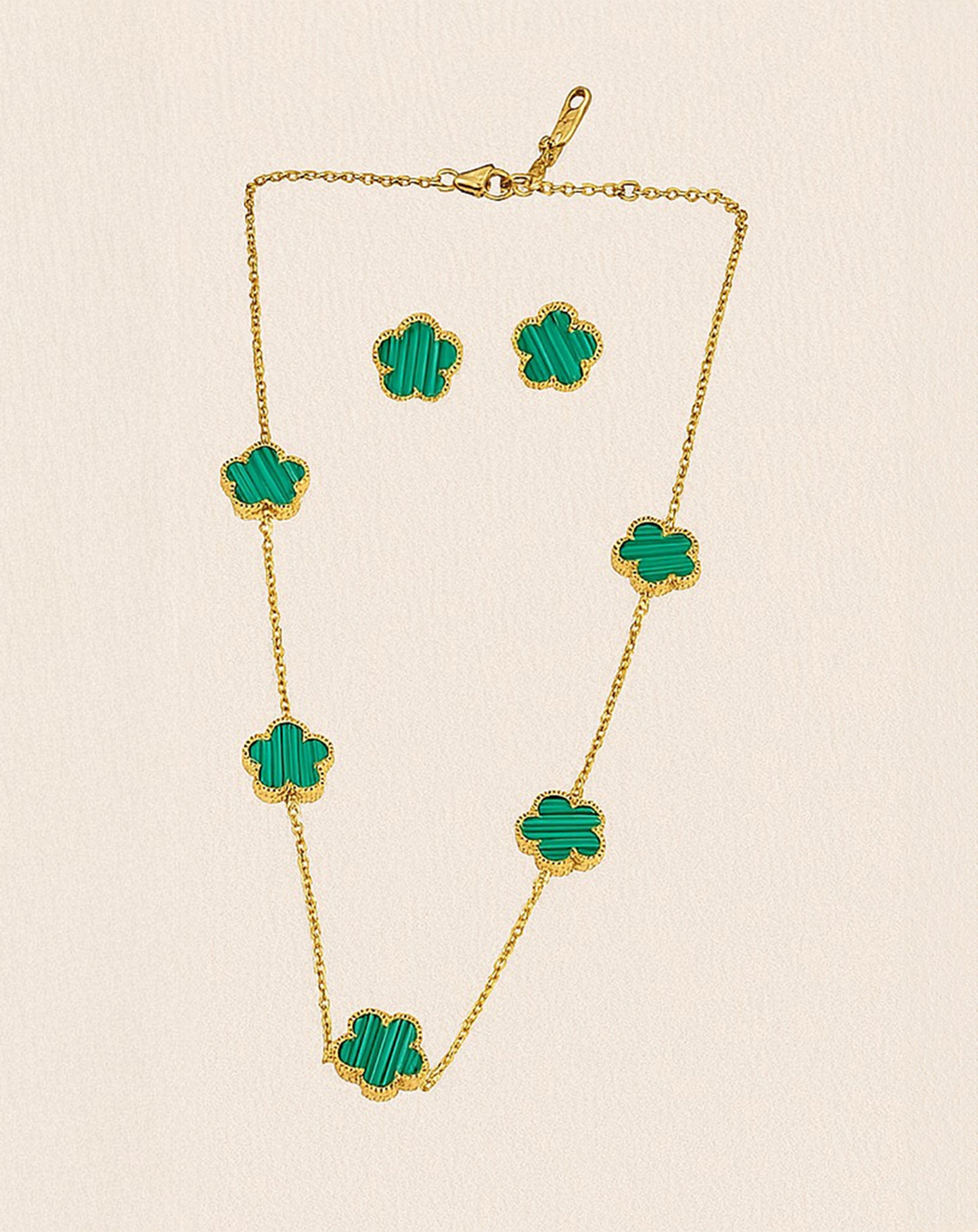 Moondust Green Clover Style Earrning And Chain Set