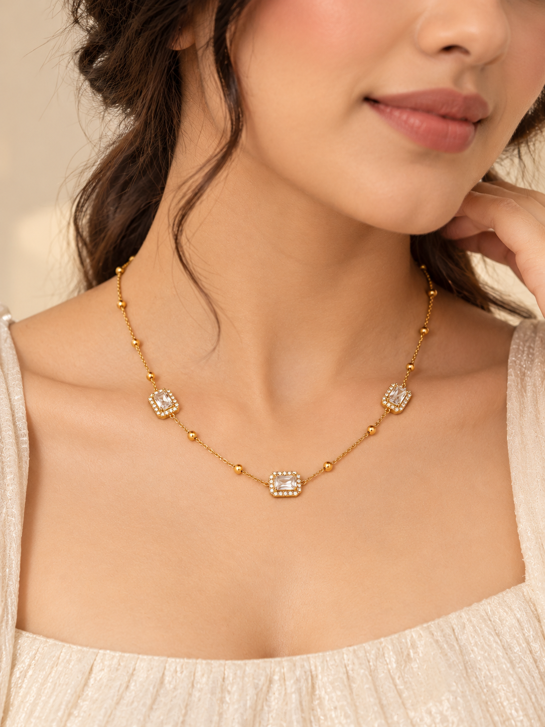Geometric Crystal Necklace for Women | Gold-Tone Stainless Steel