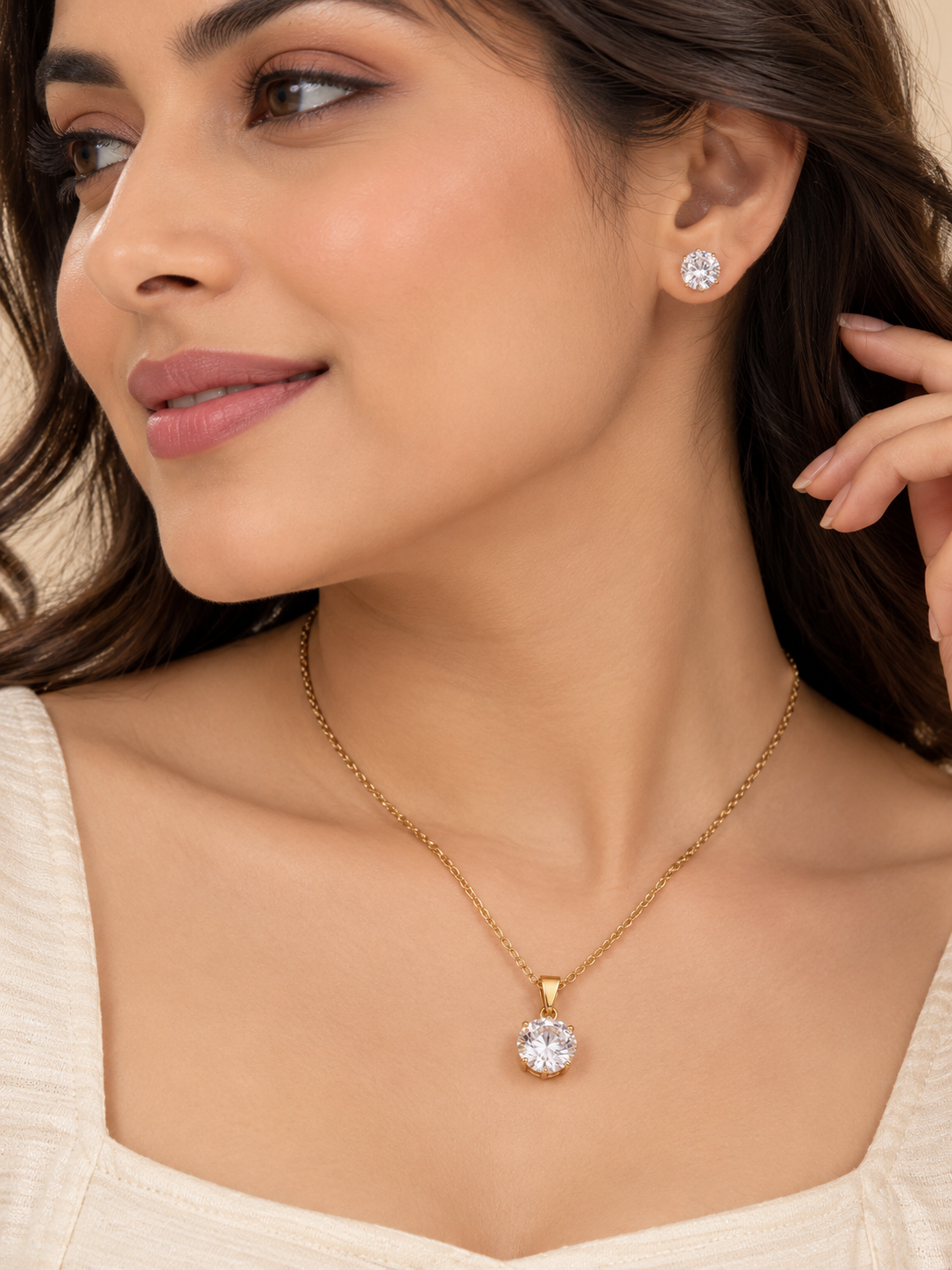 Solitaire Crystal Pendant Necklace & Earrings Set | Stainless Steel
