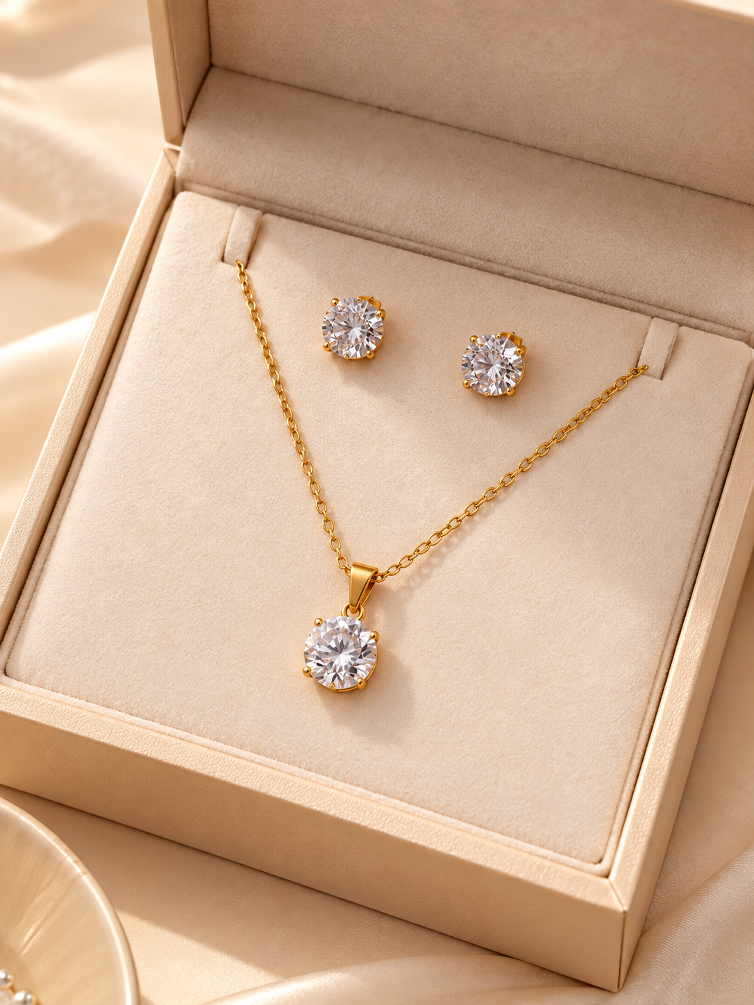 Solitaire Crystal Pendant Necklace & Earrings Set | Stainless Steel