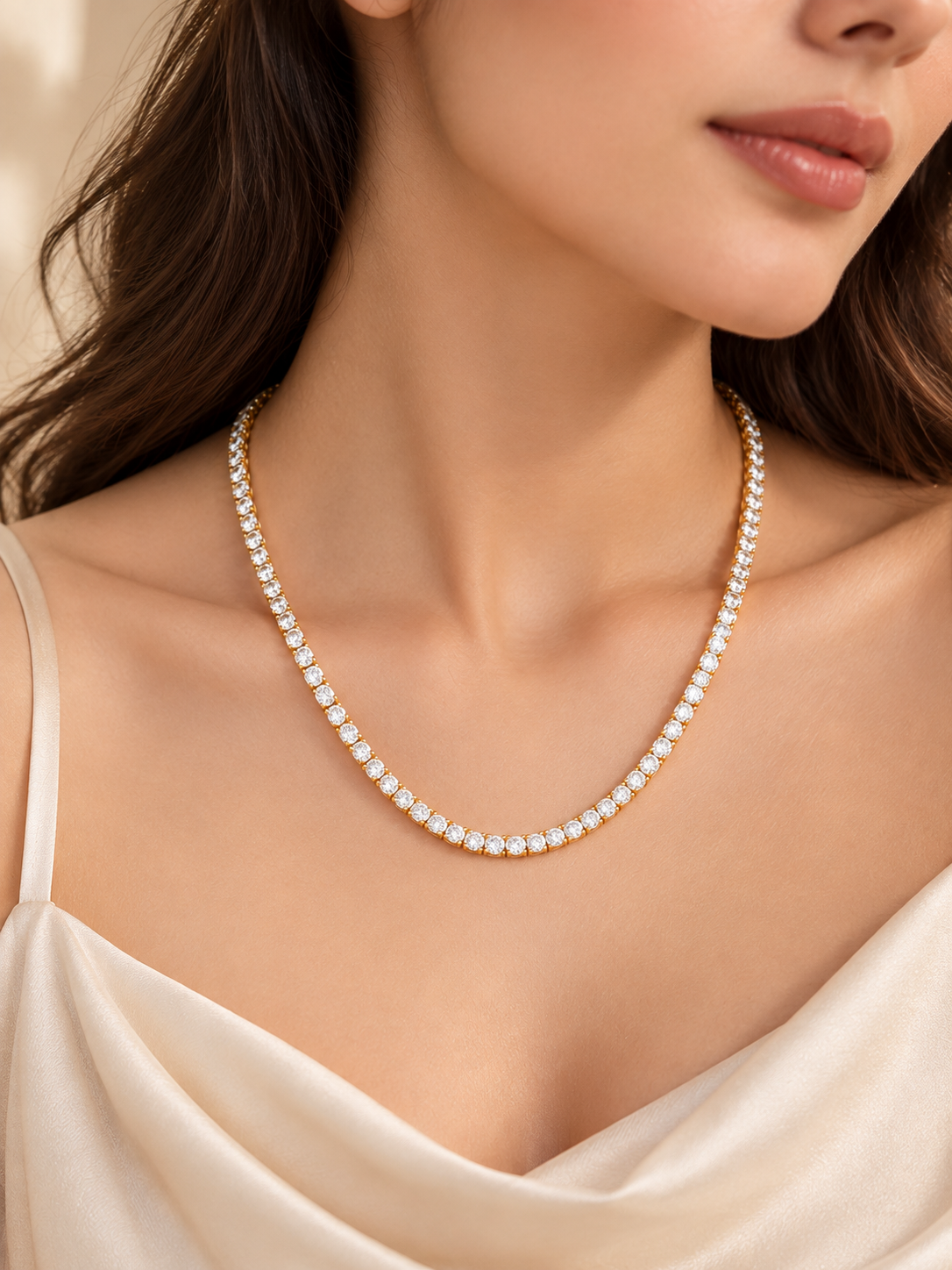 Premium Crystal Tennis Necklace for Women | Gold-Tone Stainless Steel